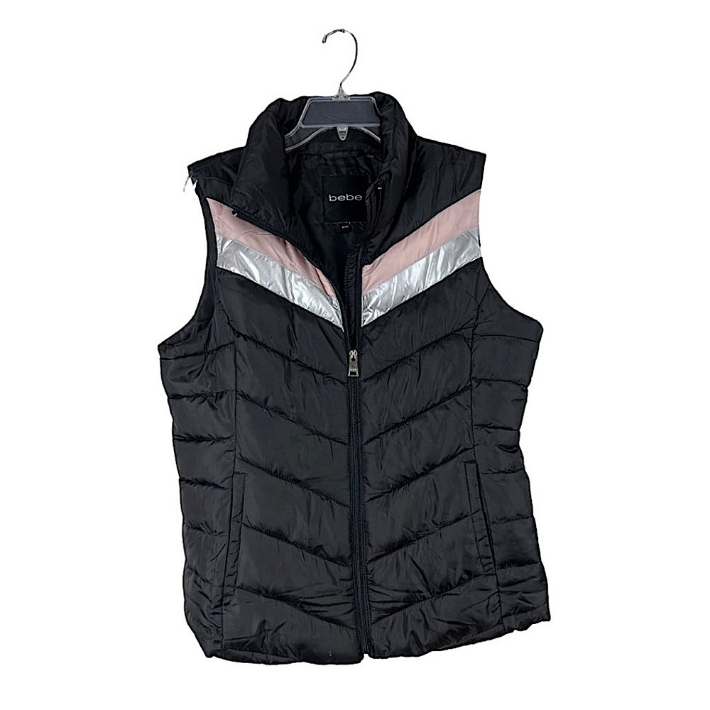 Beautiful luxury BeBe Puffer Ski Vest Pink Silver Black Sleeveless Jacket y2k
